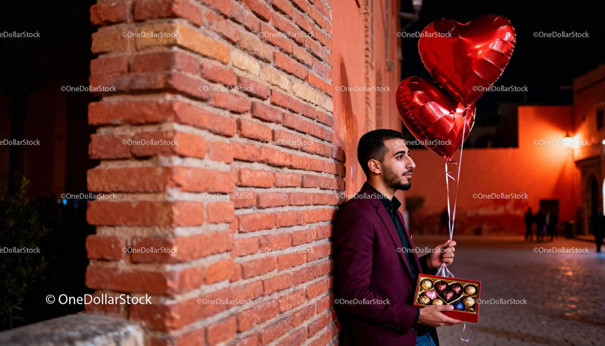 Man holding heart balloons and chocolate gift at night