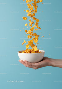 Crispy Cornflakes Falling into White Bowl Handheld
