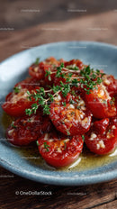Juicy Cherry Tomatoes with Herbs and Garlic on Rustic Bowl