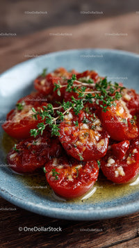 Juicy Cherry Tomatoes with Herbs and Garlic on Rustic Bowl