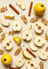 Flat lay of fresh quinces with cinnamon and white currants