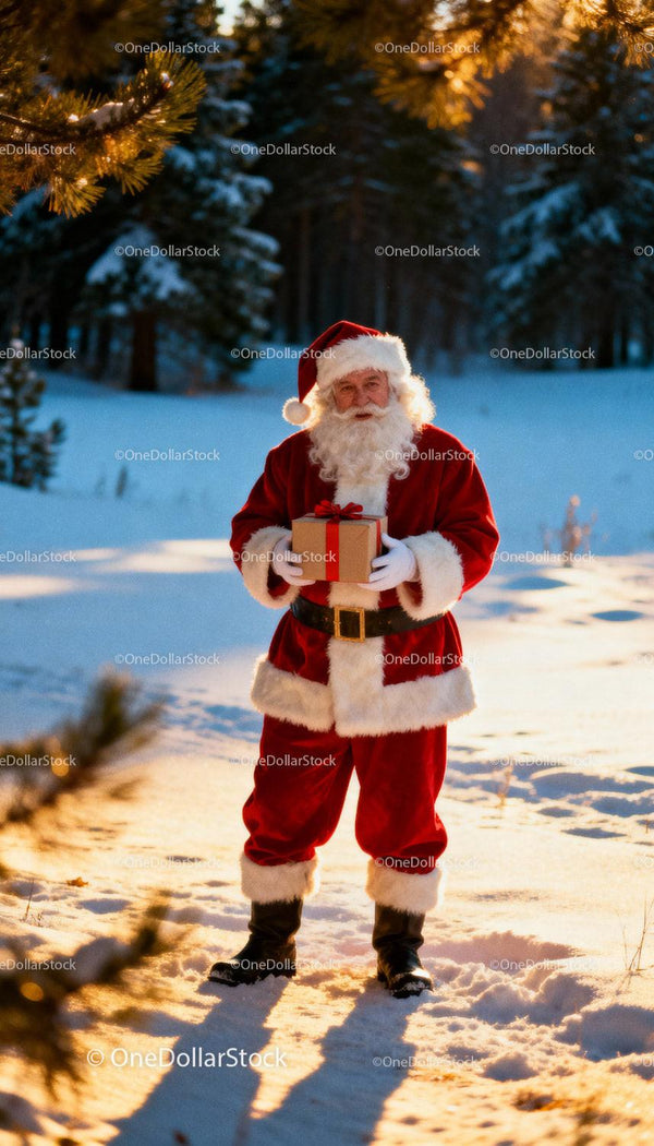 Santa Claus Holding Gift in Snowy Winter Forest