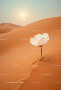 Delicate white flower blossoming in vast desert sand