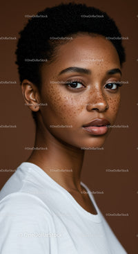 Close-up Portrait of an African American Woman with Freckles and Short Curly Hair