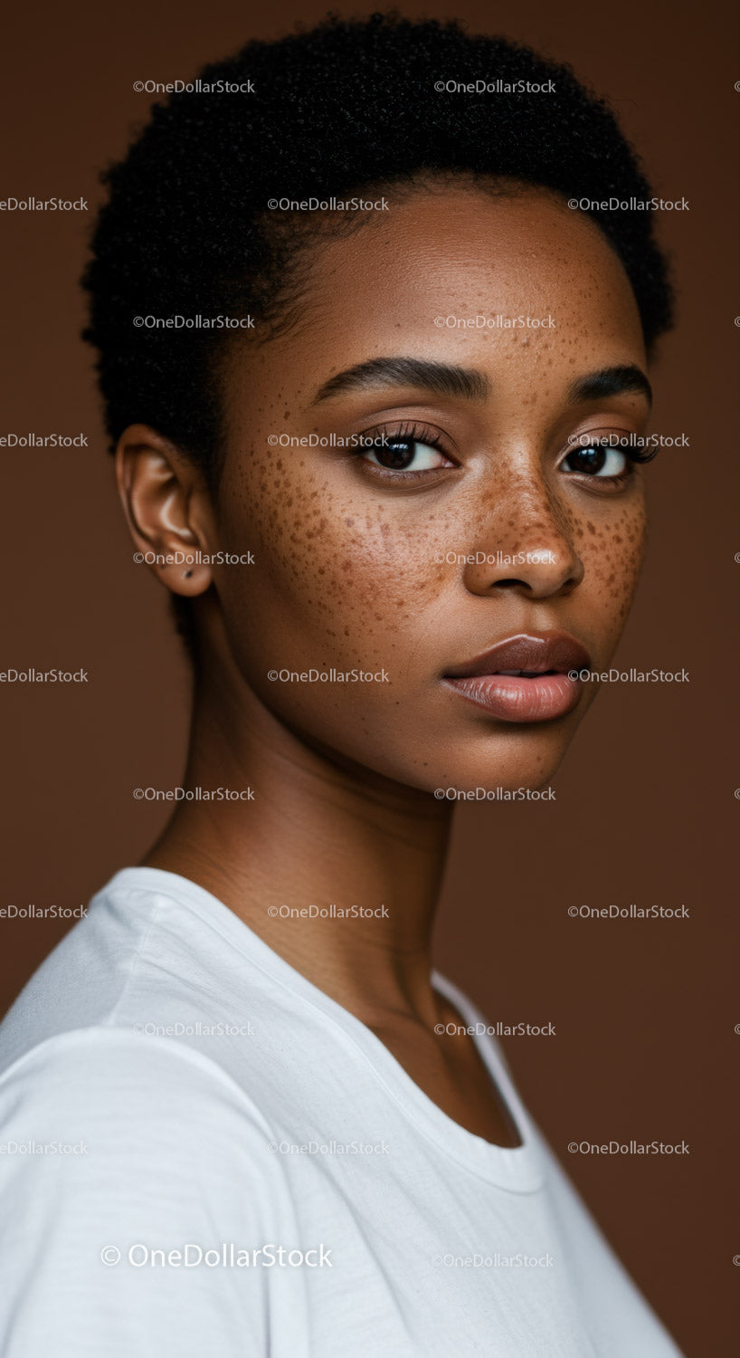 Portret Afroamerykanki z piegami i krótkimi kręconymi włosami