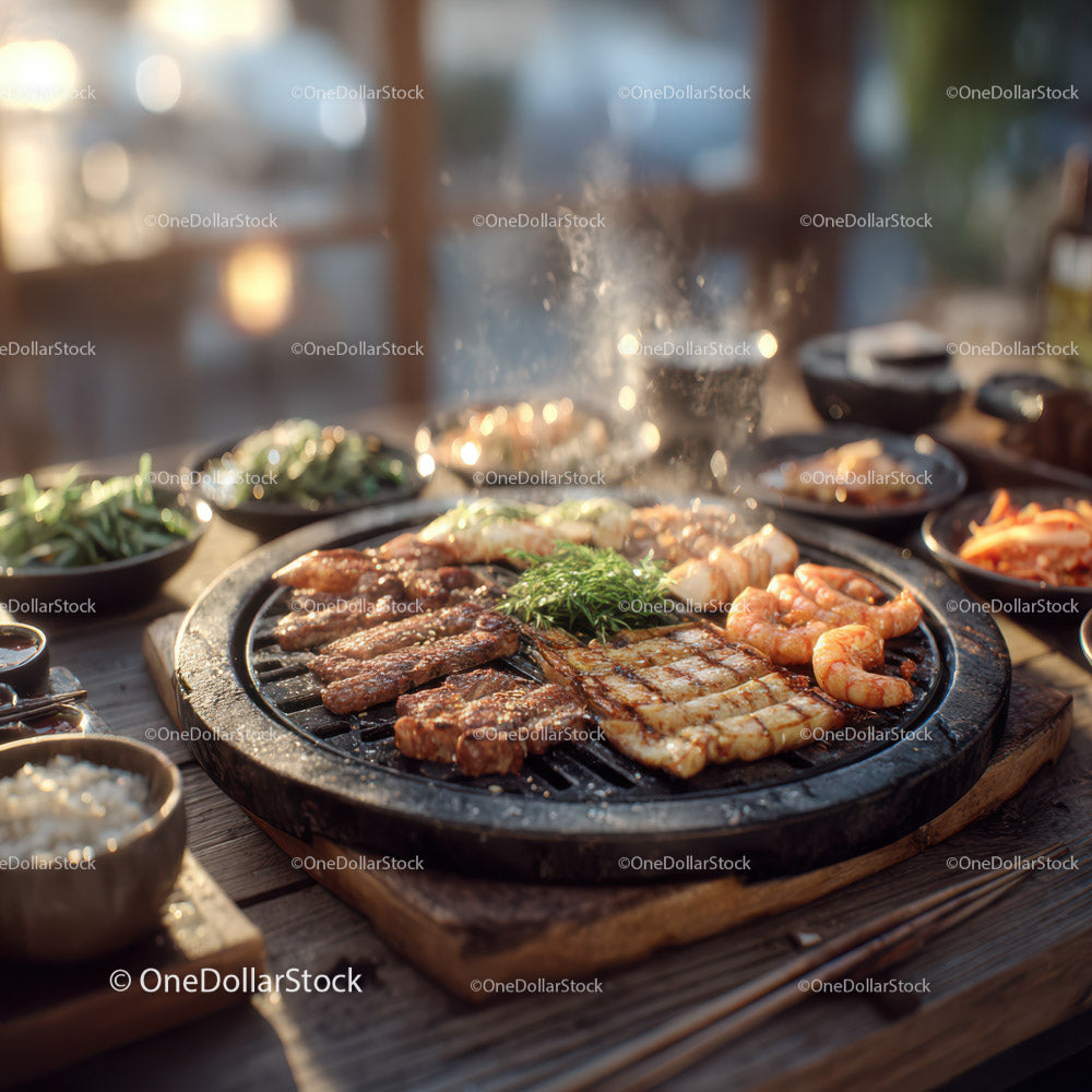 Korean Barbecue with Grilled Meat and Fresh Vegetables in a Traditional Setting