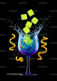 Yellow Ice Cubes Splash Into Vibrant Blue Cocktail Glass