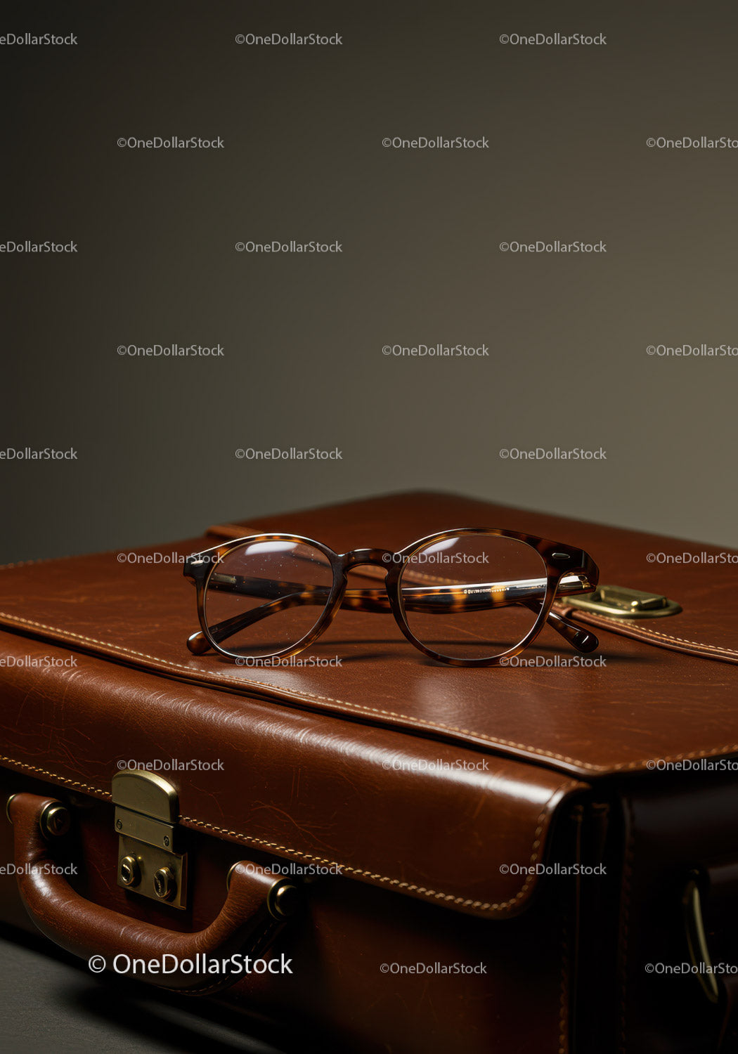 Stylish Leather Briefcase with Glasses on Office Desk