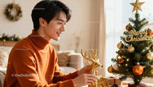 Young man decorating Christmas tree with golden reindeer