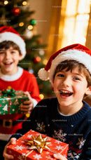 Happy boys wearing Santa hats holding Christmas gifts