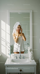 Woman in Bathroom Applying Skincare Routine in Mirror Reflection
