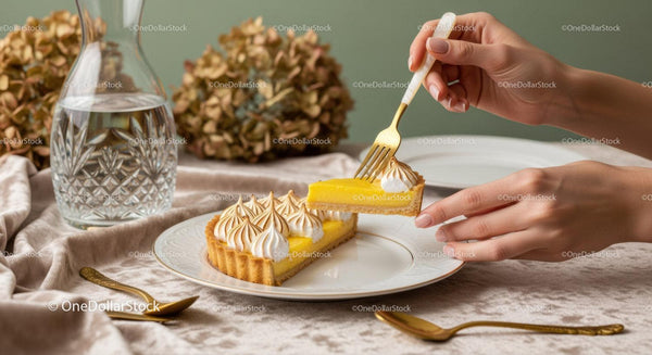 Elegancka tarta cytrynowa z bezą na stylowym stole w miękkim świetle