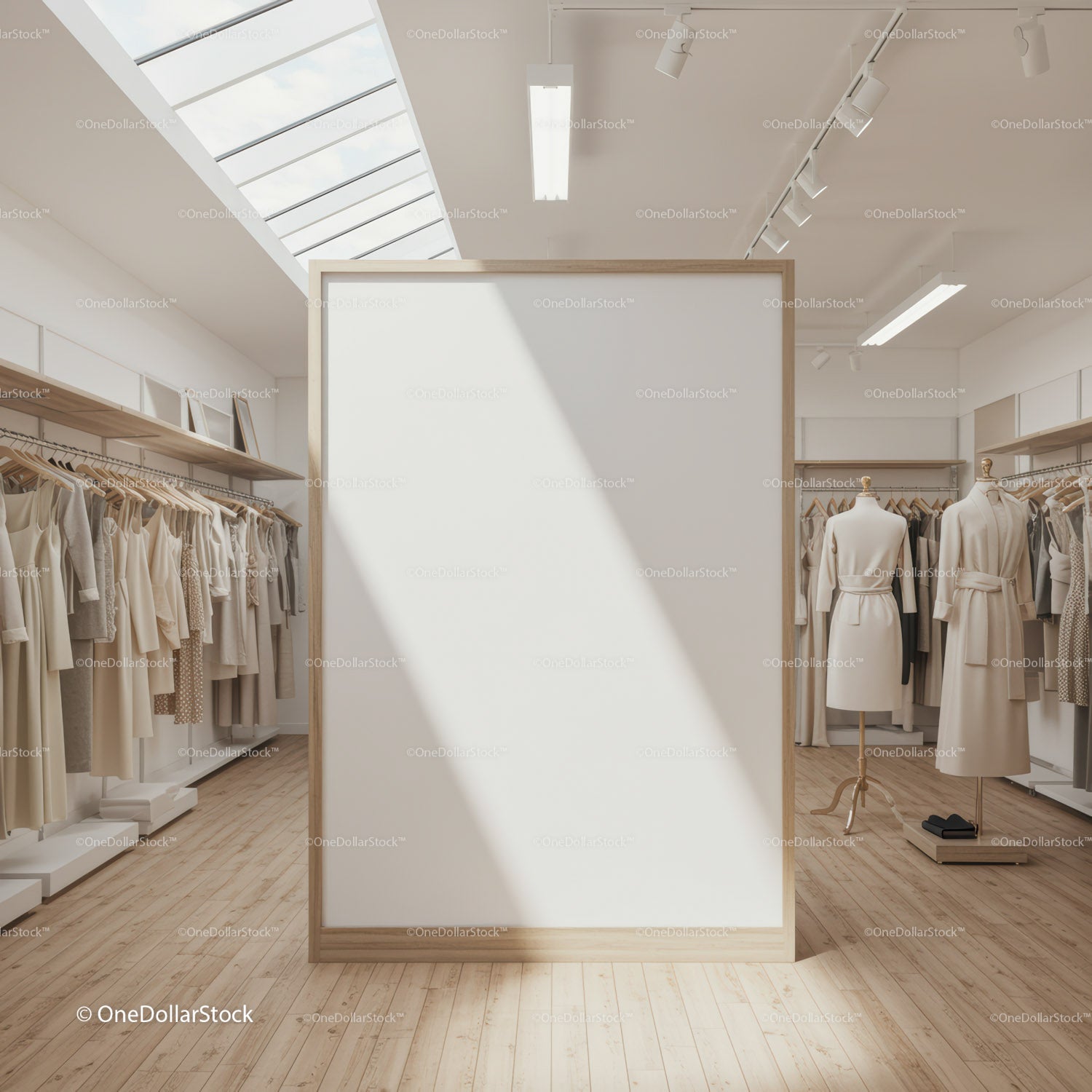 Neutral fashion boutique with blank display board