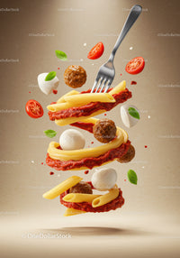 Floating Italian Pasta with Meatballs and Fresh Ingredients