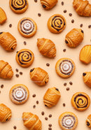 Assorted Fresh Pastries and Coffee Beans on Pastel Background