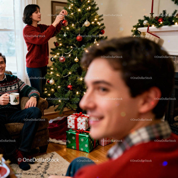 Friends decorating Christmas tree and relaxing indoors