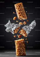 Crunchy granola bar with nuts and foil wrapper