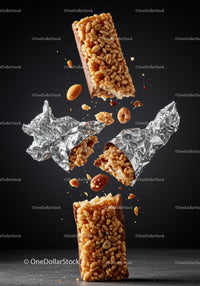 Crunchy granola bar with nuts and foil wrapper