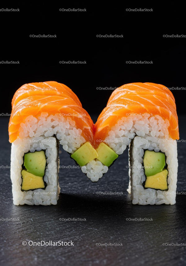 Close up of salmon avocado sushi rolls on black surface