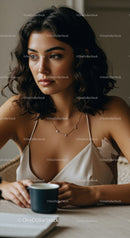 Young Woman with Brunette Hair and Jewelry Holding Coffee Cup in Cozy Indoor Setting
