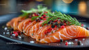 Fresh Sliced Smoked Salmon with Herbs and Sea Salt on Black Plate