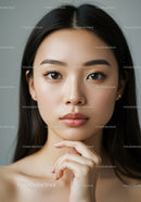 Close-Up of a Beautiful Asian Woman with Flawless Skin and Brown Eyes
