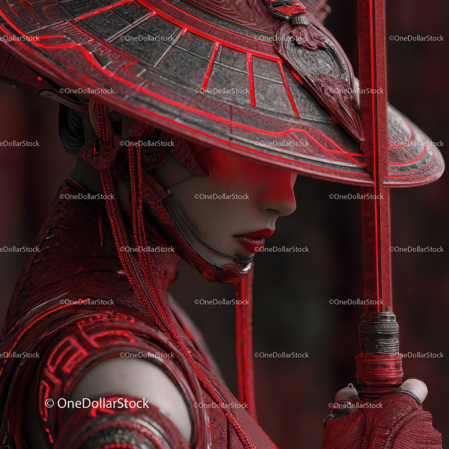 Futuristic Samurai in Neon Red Armor Holding Umbrella