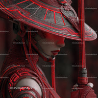 Futuristic Samurai in Neon Red Armor Holding Umbrella
