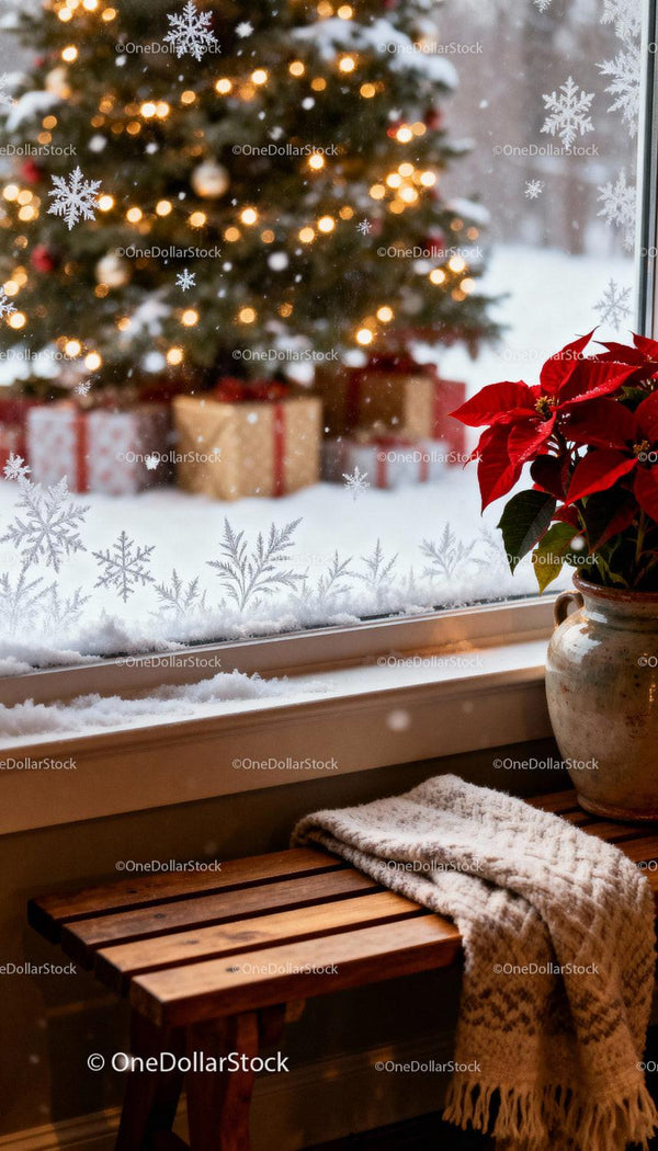 Cozy winter scene with Christmas tree and poinsettia by window