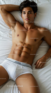 Relaxed young man lying on bed in white underwear