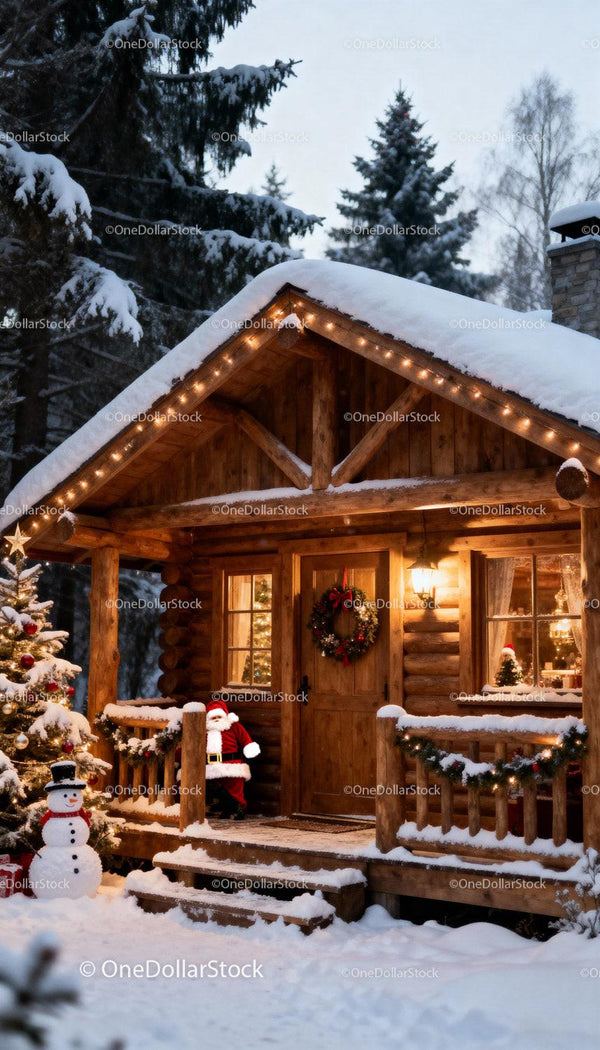 Cozy wooden cabin decorated for Christmas in winter