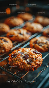 Chocolate Chip Cookies on Cooling Rack in Warm Kitchen Setting