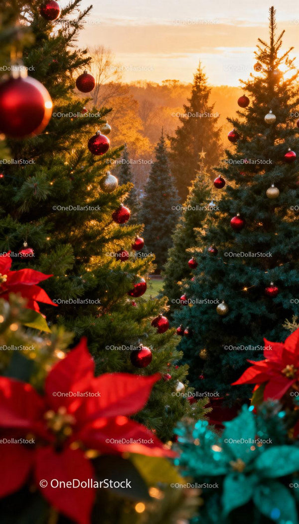 Festive Christmas Trees with Ornaments at Sunset