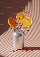 Aluminum can with fresh orange slices and goji berries