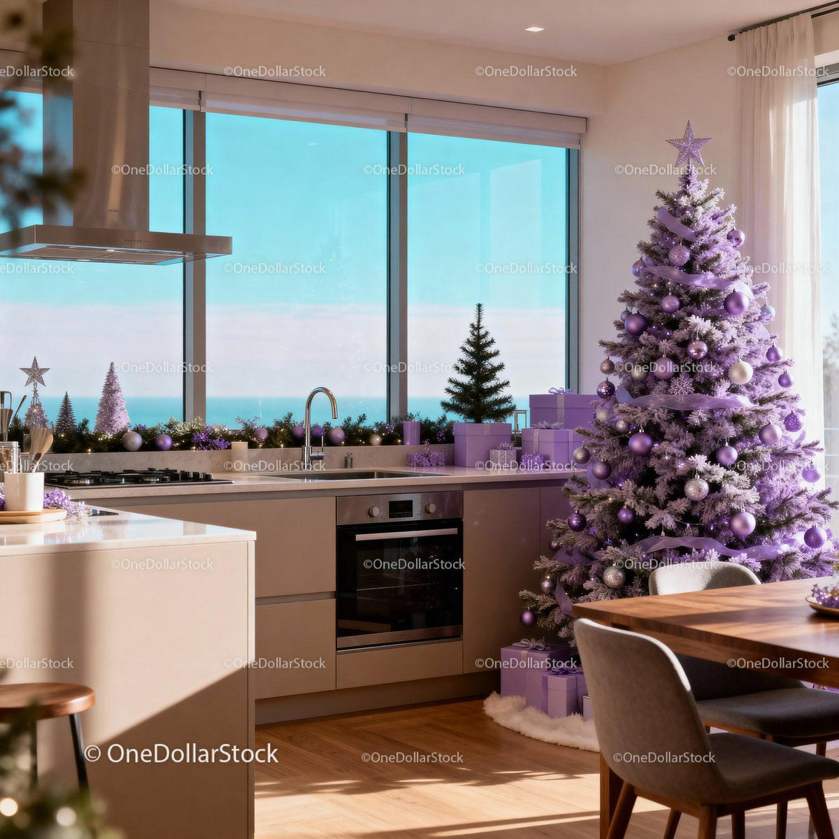 Modern kitchen with lavender decorated Christmas tree