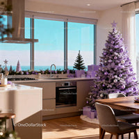 Modern kitchen with lavender decorated Christmas tree