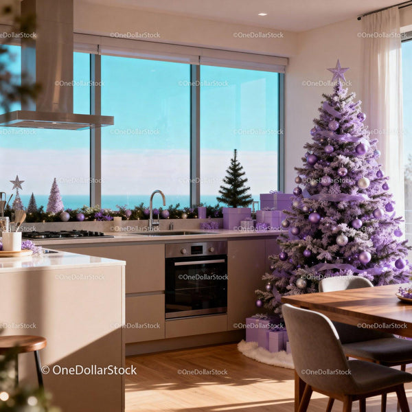 Modern kitchen with lavender decorated Christmas tree