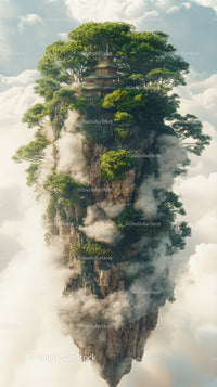 Floating Mountain with Lush Green Trees and Traditional House