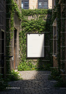Green ivy-covered alley with blank square sign