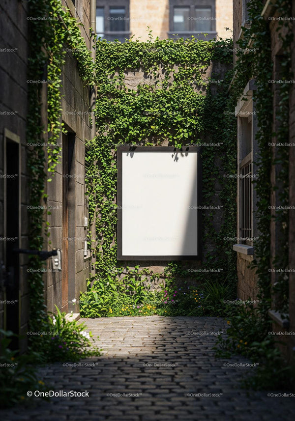 Green ivy-covered alley with blank square sign JPG Mockup Image