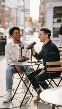 Two friends recording lively outdoor podcast in city cafe