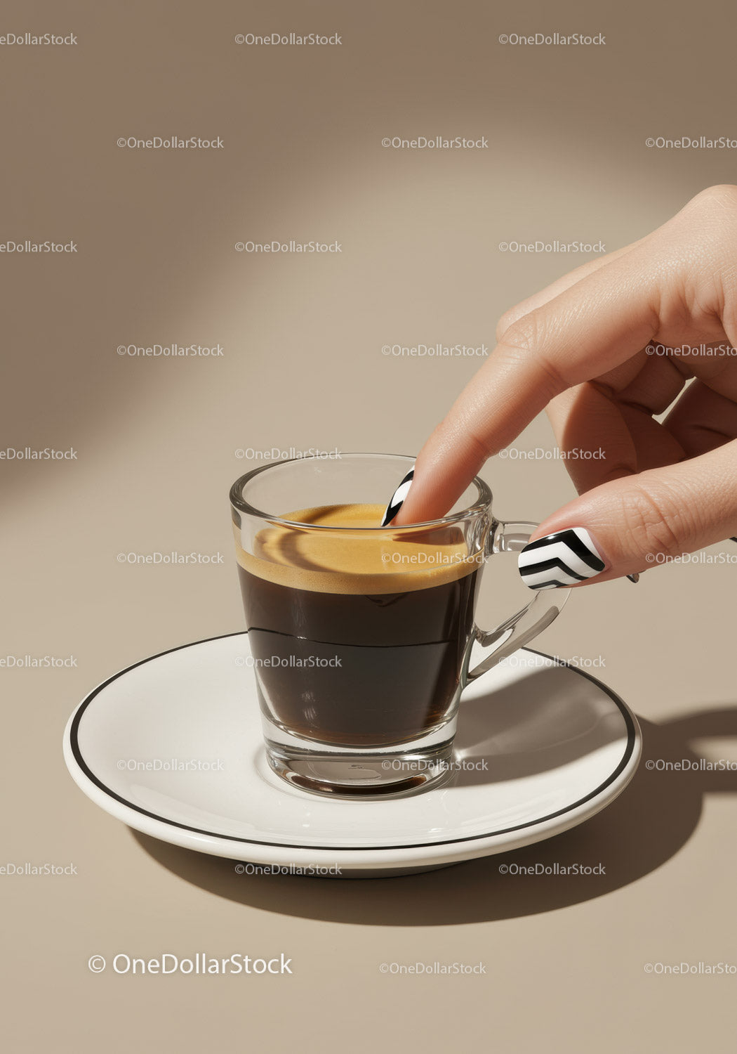 Hand with Stylish Nails Touching Espresso Cup on Saucer