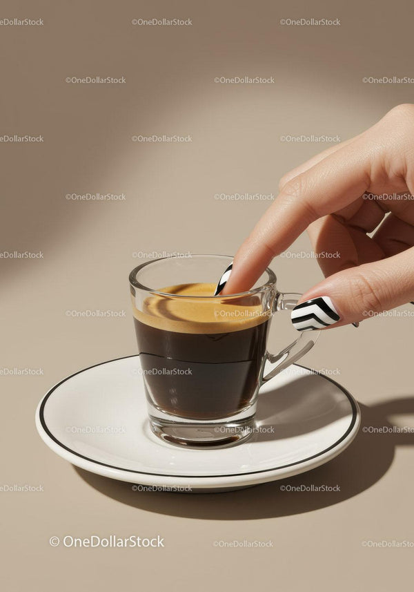 Hand with Stylish Nails Touching Espresso Cup on Saucer