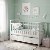 Bright Nursery with White Baby Crib and Playful Wall Art