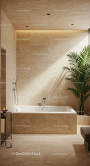 Elegant Modern Bathroom with Beige Marble Tiles and Indoor Greenery