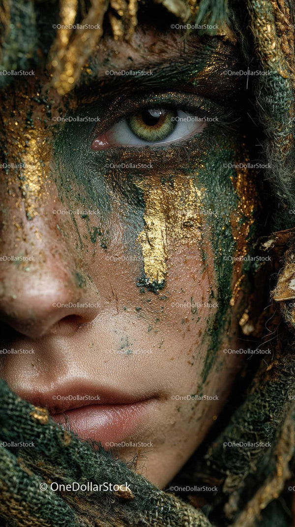 Close-up of Artistic Green Eye Face with Gold Glitter and Nature-Inspired Makeup