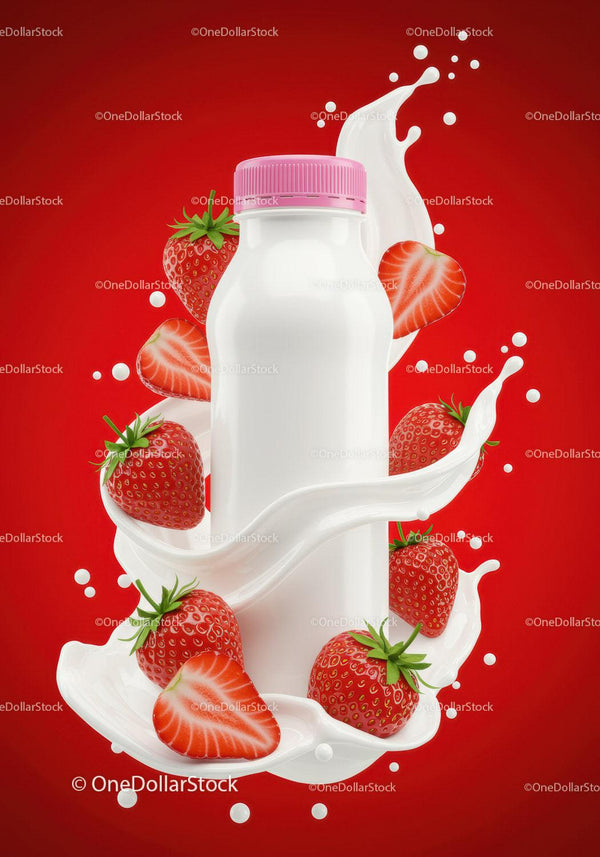 Strawberry Drink Bottle with Splashing Milk on Red JPG Mockup Image