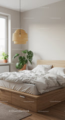 Minimalist bedroom with wooden bed and green plants