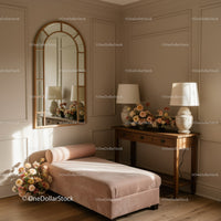 Cozy bedroom corner with velvet daybed and flowers
