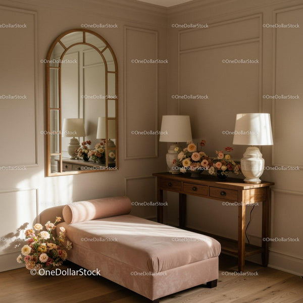 Cozy bedroom corner with velvet daybed and flowers